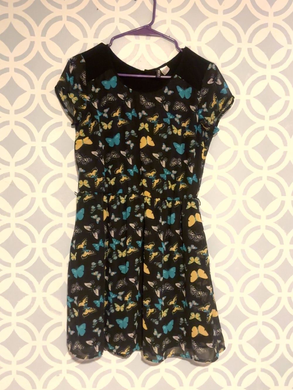 H&M Black Short-Sleeve Butterfly Print Dress in Blue and Yellow
